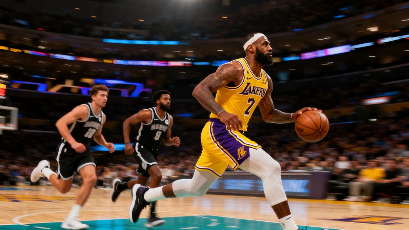NBA常规赛直播画面，洛杉矶湖人队球员在快攻中带球推进，防守方两名球员追防，球馆内灯光璀璨